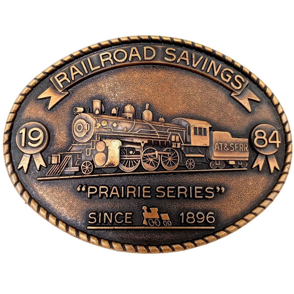 1984 Train Belt Buckle Railroad Savings Prairie Series Santa Fe Newton KS